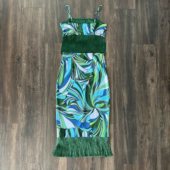 House of Harlow Satin Fringe Groovy Set Crop Top + Midi High Waist Skirt Size XS - Picture 3 of 11